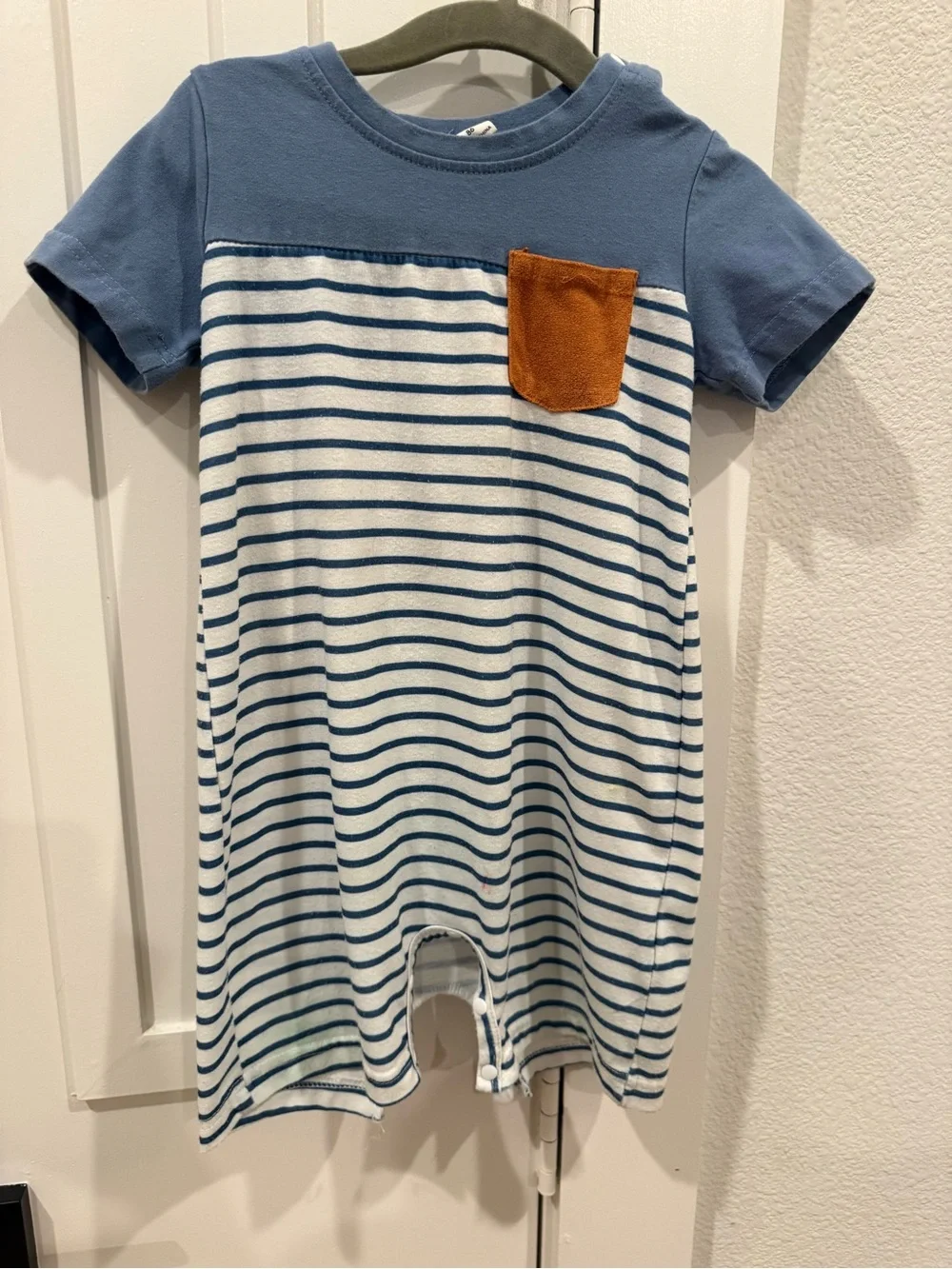 Blue Stripe Short Sleeve Romper with Brown Pocket